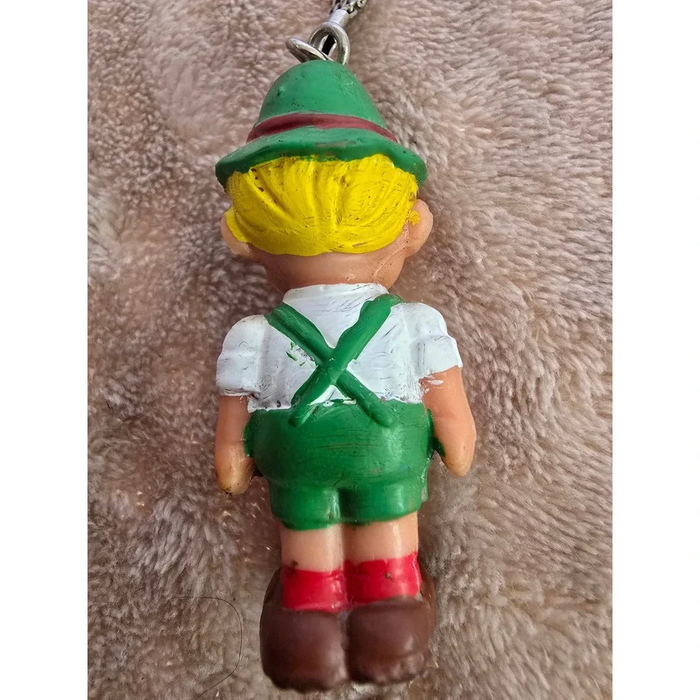 Vintage Lederhosen Boy Keychain German Bavarian Souvenir Rubber Figure Green Hat